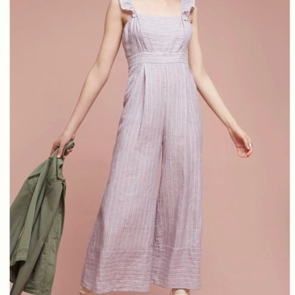 Anthropologie Pants - ELEVENSES Nantucket Linen Stripe  Ruffled JUMPSUIT Size 4